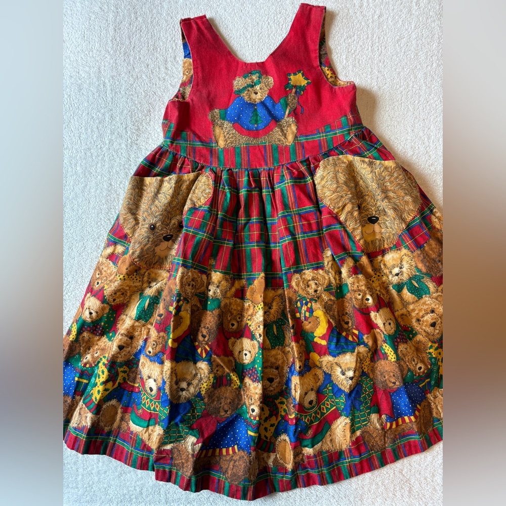 Handmade Teddy Bear Christmas Tree Print Red Plaid Dress, Size 6